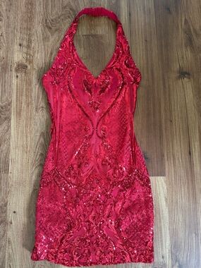 B Darlin Red Sequin Halter Body-Con Mini Dress